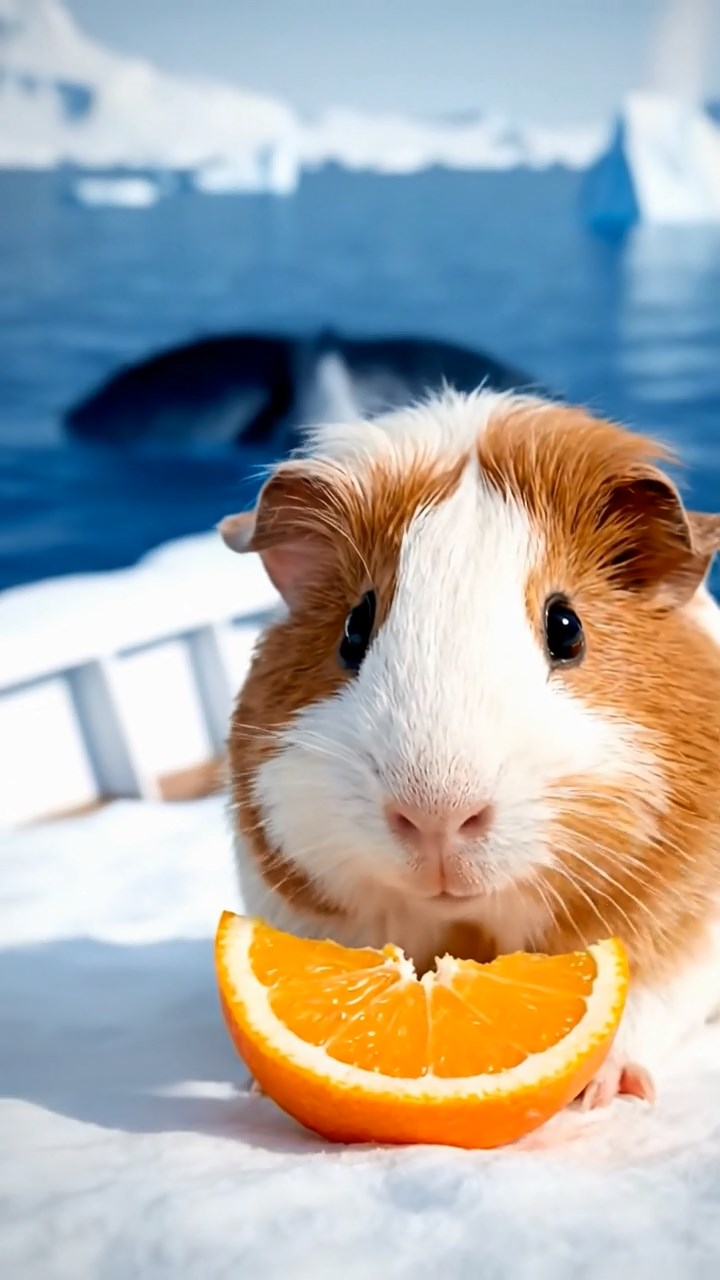 1177. Detailed photo of 2 smooth-haired Rex guinea pigs featuring white and orange coats, sharing orange slices, on a Antarctic cruise ship bow with whale sightings.