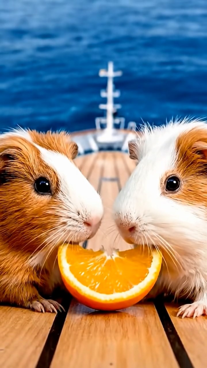 1177. Detailed photo of 2 smooth-haired Rex guinea pigs featuring white and orange coats, sharing orange slices, on a Antarctic cruise ship bow with whale sightings.