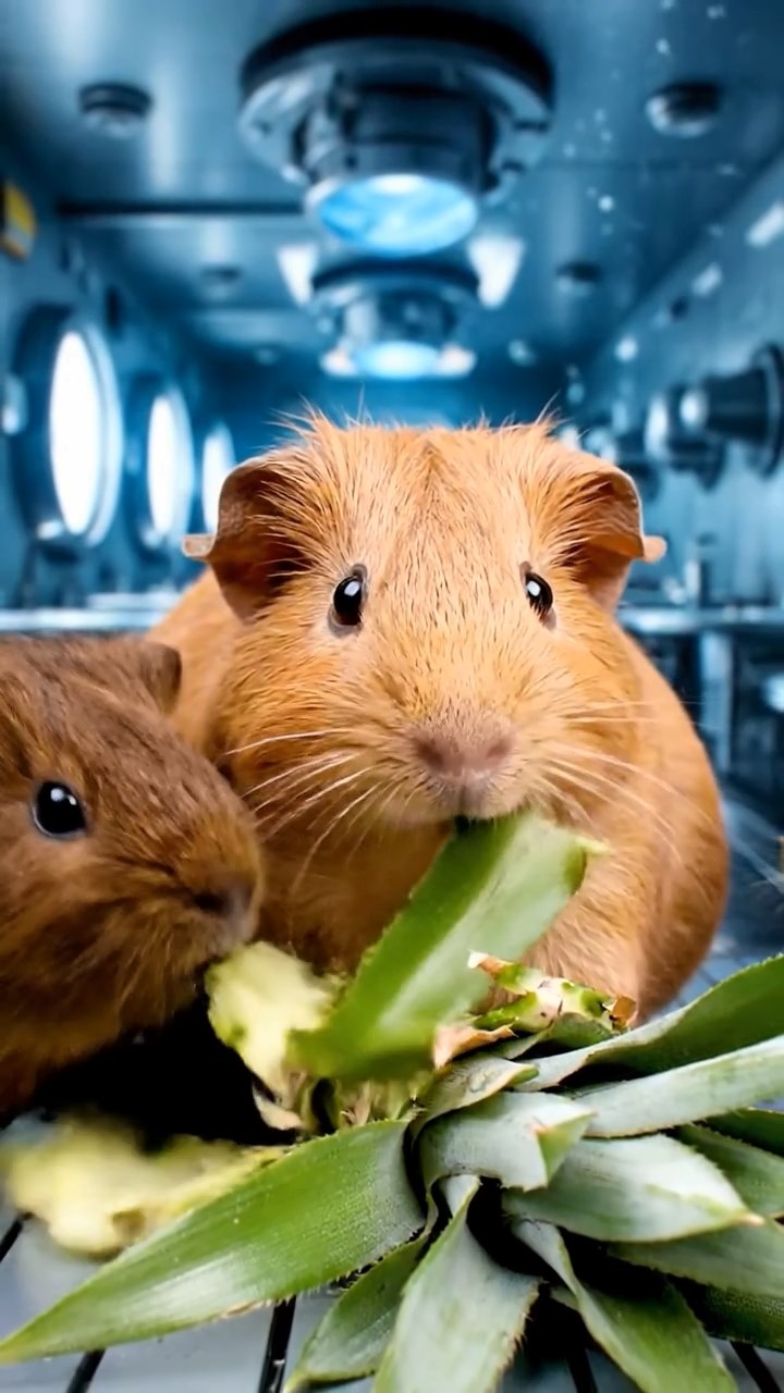 1180. Highly detailed view of 4 smooth-haired Skinny guinea pigs in fawn, chocolate, and cinnamon colors, nibbling on pineapple leaves, in a underwater submarine mess hall with periscopes.