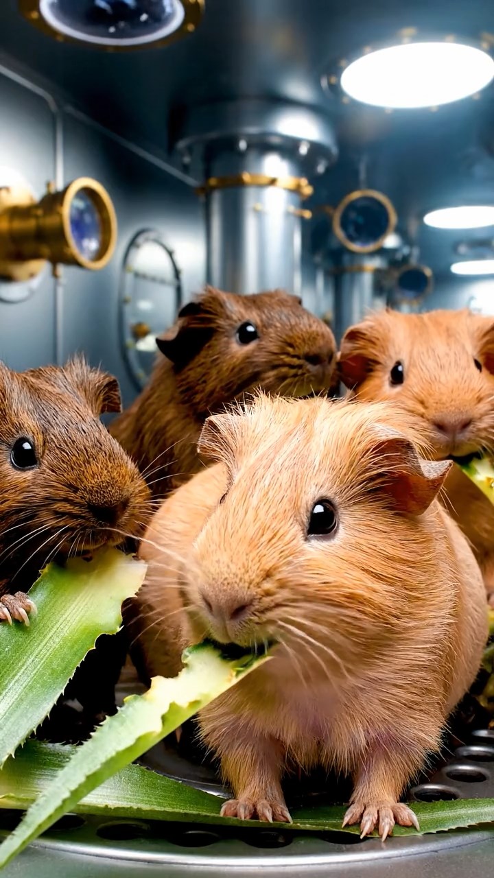 1180. Highly detailed view of 4 smooth-haired Skinny guinea pigs in fawn, chocolate, and cinnamon colors, nibbling on pineapple leaves, in a underwater submarine mess hall with periscopes.