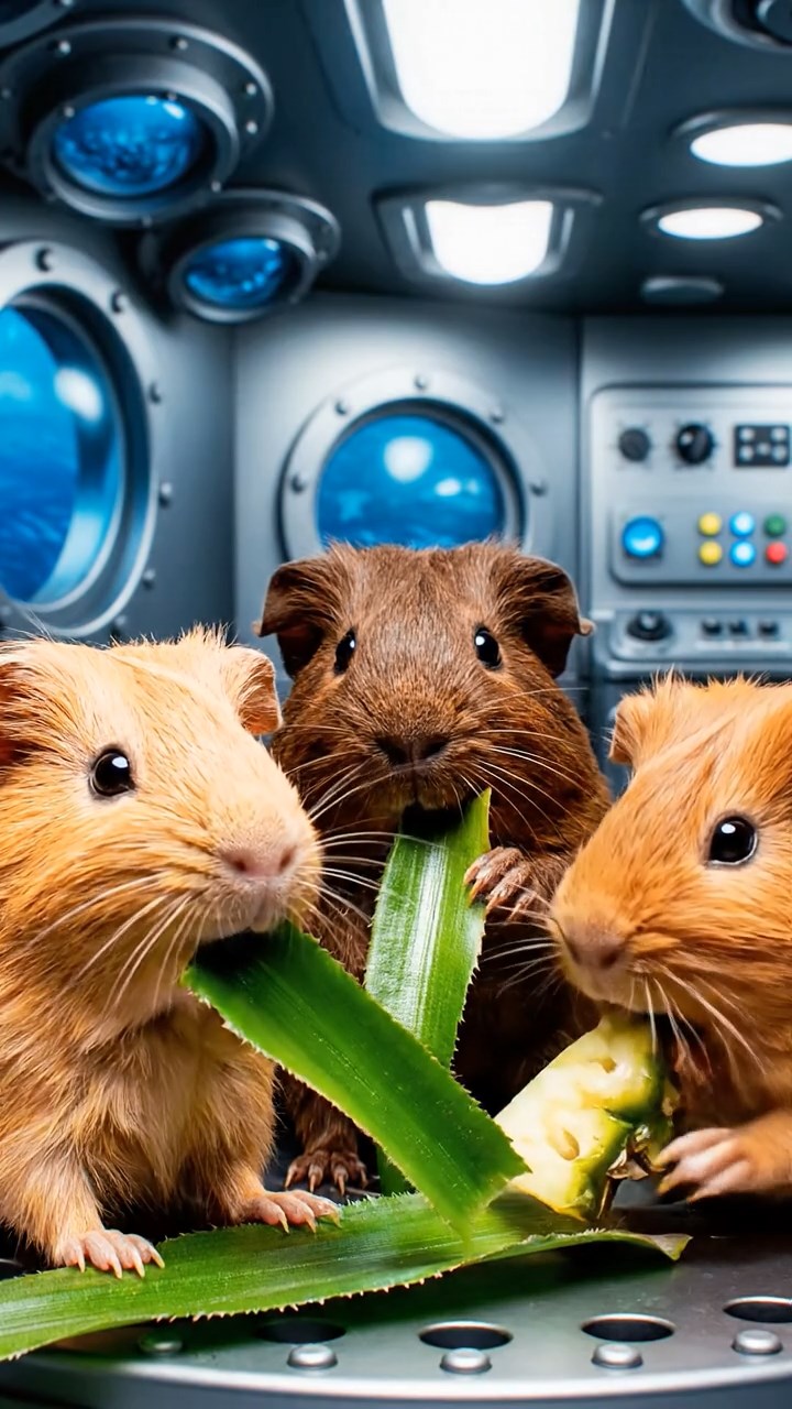 1180. Highly detailed view of 4 smooth-haired Skinny guinea pigs in fawn, chocolate, and cinnamon colors, nibbling on pineapple leaves, in a underwater submarine mess hall with periscopes.
