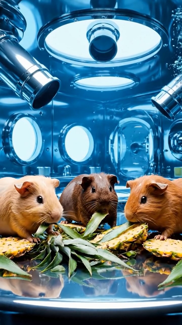 1180. Highly detailed view of 4 smooth-haired Skinny guinea pigs in fawn, chocolate, and cinnamon colors, nibbling on pineapple leaves, in a underwater submarine mess hall with periscopes.