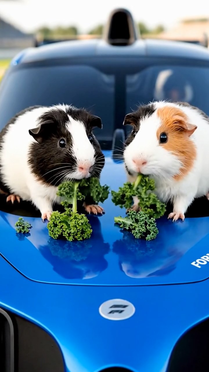 1181. Photorealistic photo of 2 smooth-haired American guinea pigs with sable and white fur, chewing on kale bunches, on a Formula E electric race car hood.