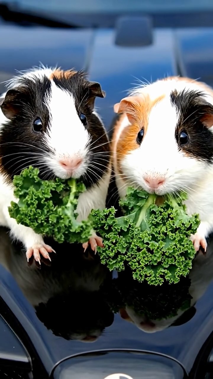1181. Photorealistic photo of 2 smooth-haired American guinea pigs with sable and white fur, chewing on kale bunches, on a Formula E electric race car hood.