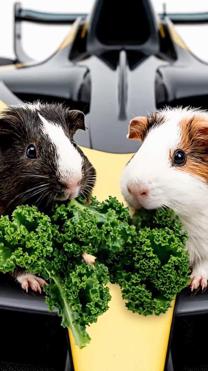 1181. Photorealistic photo of 2 smooth-haired American guinea pigs with sable and white fur, chewing on kale bunches, on a Formula E electric race car hood.