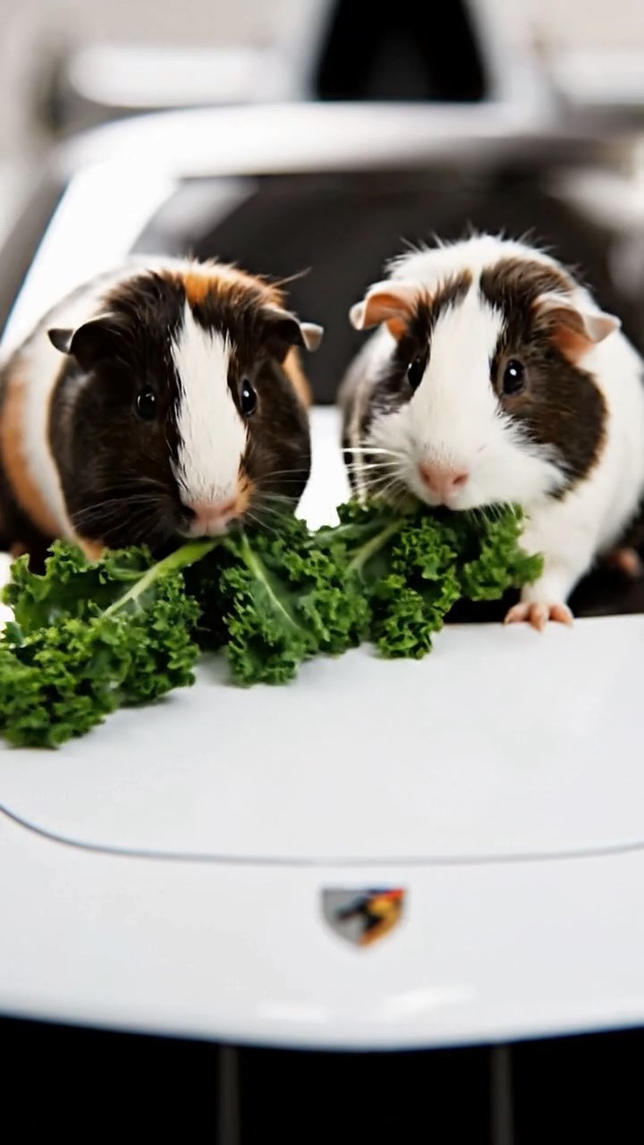 1181. Photorealistic photo of 2 smooth-haired American guinea pigs with sable and white fur, chewing on kale bunches, on a Formula E electric race car hood.