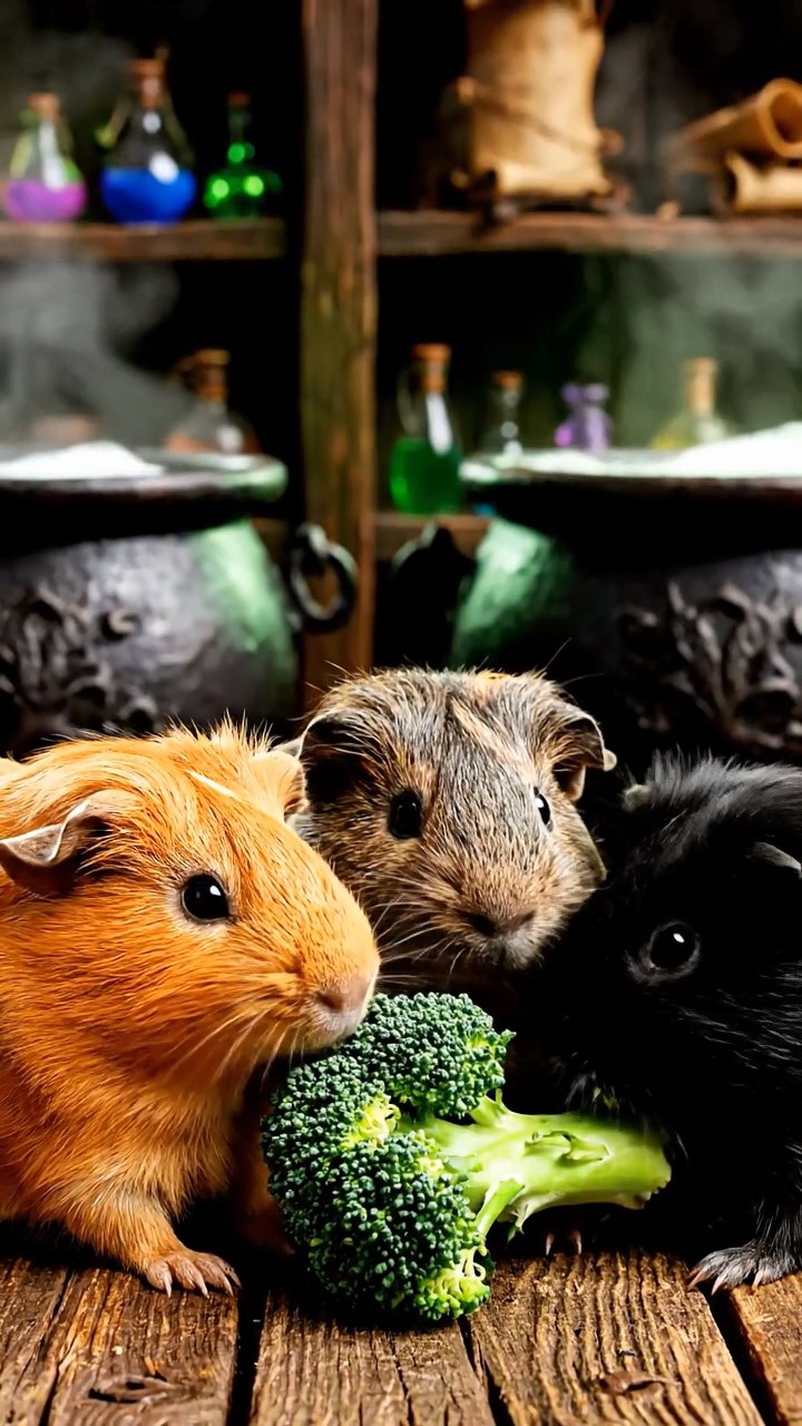 1182. Realistic depiction of 3 smooth-haired Abyssinian guinea pigs featuring orange, gray, and black coats, sharing broccoli heads, inside a wizarding potion classroom with cauldrons bubbling.