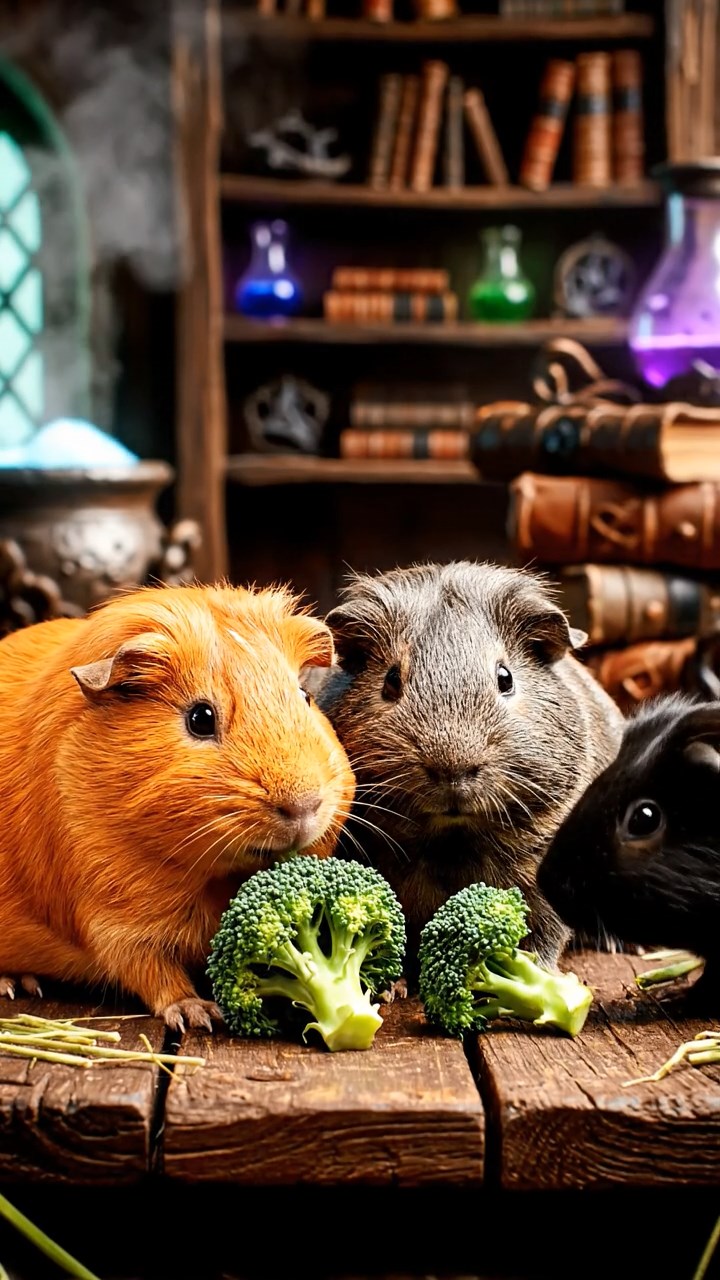 1182. Realistic depiction of 3 smooth-haired Abyssinian guinea pigs featuring orange, gray, and black coats, sharing broccoli heads, inside a wizarding potion classroom with cauldrons bubbling.
