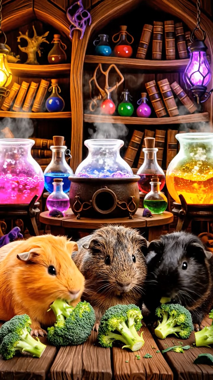 1182. Realistic depiction of 3 smooth-haired Abyssinian guinea pigs featuring orange, gray, and black coats, sharing broccoli heads, inside a wizarding potion classroom with cauldrons bubbling.