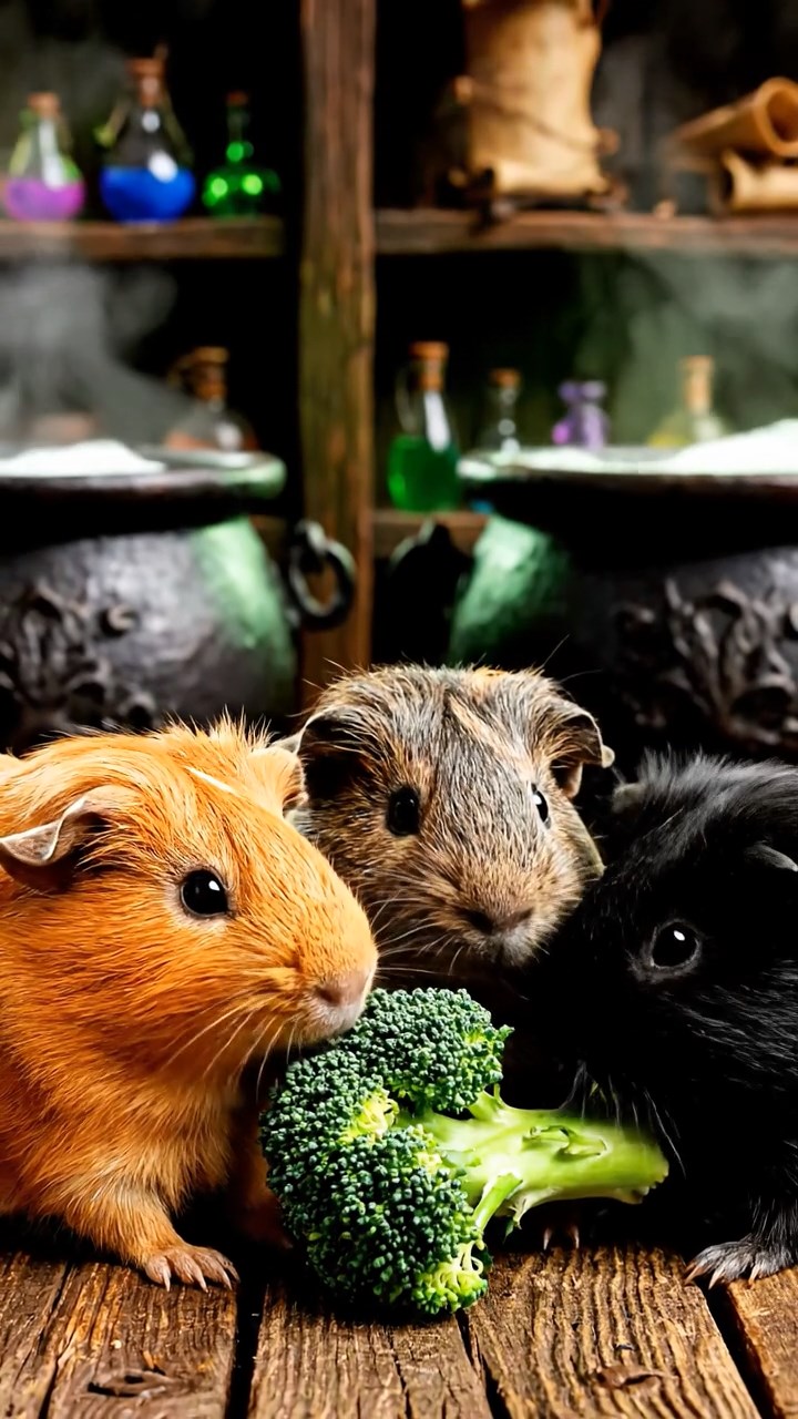 1182. Realistic depiction of 3 smooth-haired Abyssinian guinea pigs featuring orange, gray, and black coats, sharing broccoli heads, inside a wizarding potion classroom with cauldrons bubbling.