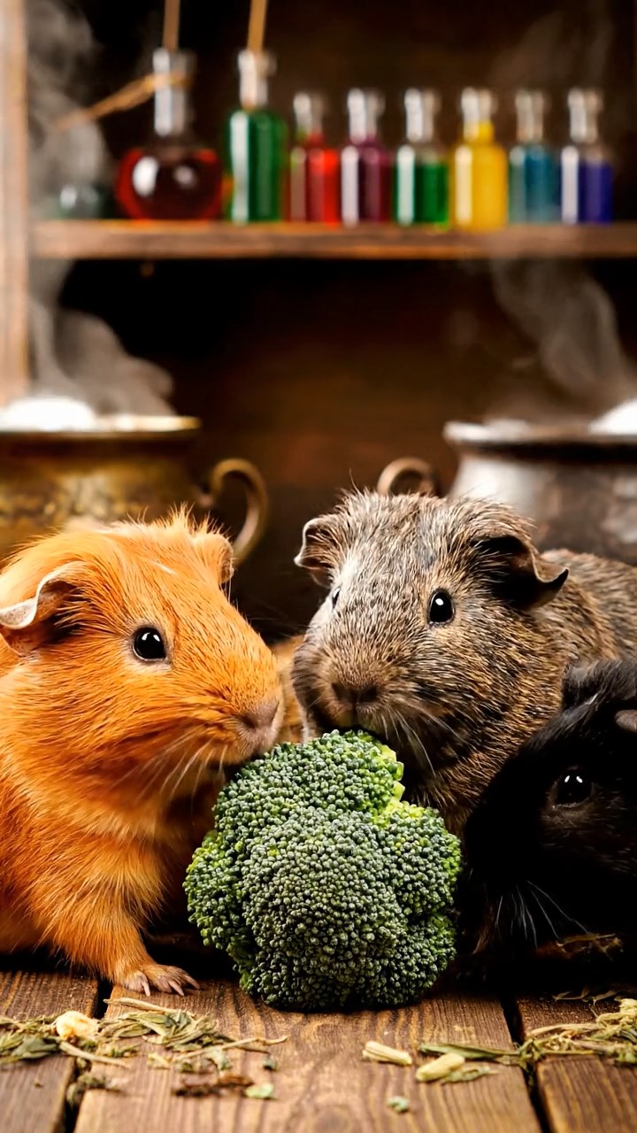 1182. Realistic depiction of 3 smooth-haired Abyssinian guinea pigs featuring orange, gray, and black coats, sharing broccoli heads, inside a wizarding potion classroom with cauldrons bubbling.