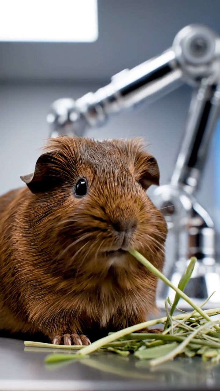 1184. Photorealistic scene of 1 smooth-haired Silkie guinea pig with chocolate fur, eating alfalfa hay, in a cybernetic augmentation clinic with robotic arms.