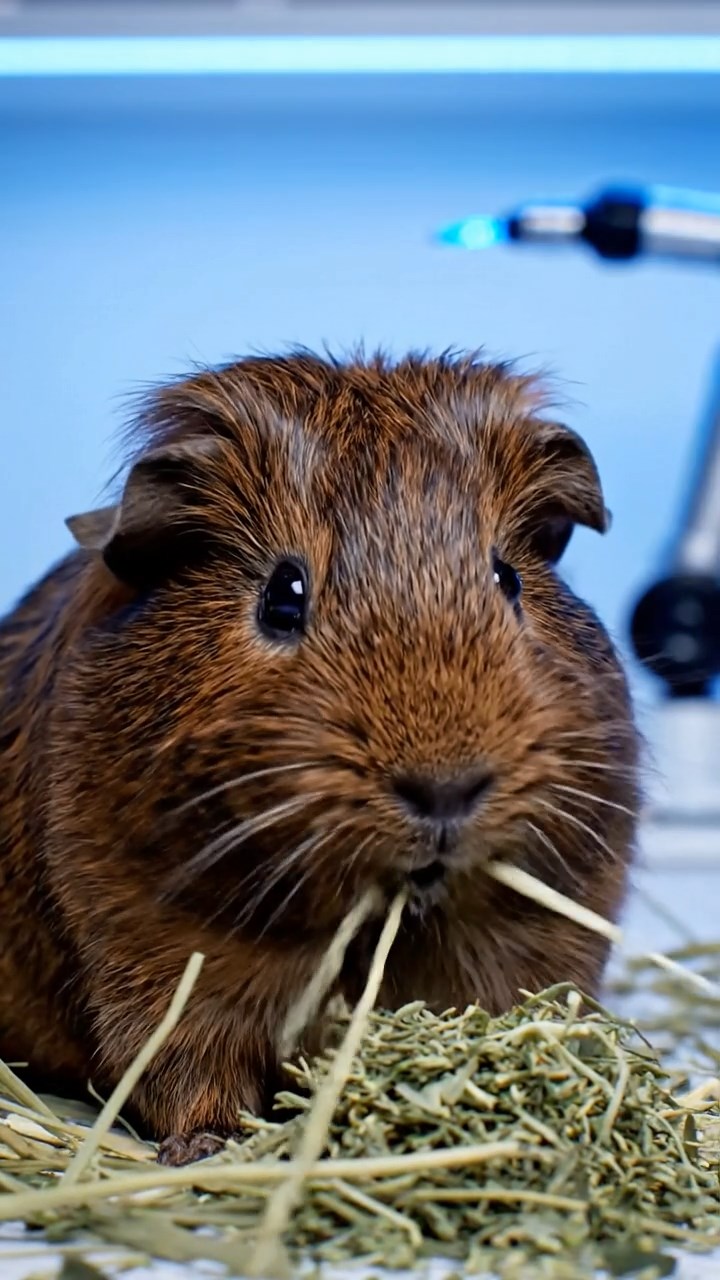 1184. Photorealistic scene of 1 smooth-haired Silkie guinea pig with chocolate fur, eating alfalfa hay, in a cybernetic augmentation clinic with robotic arms.