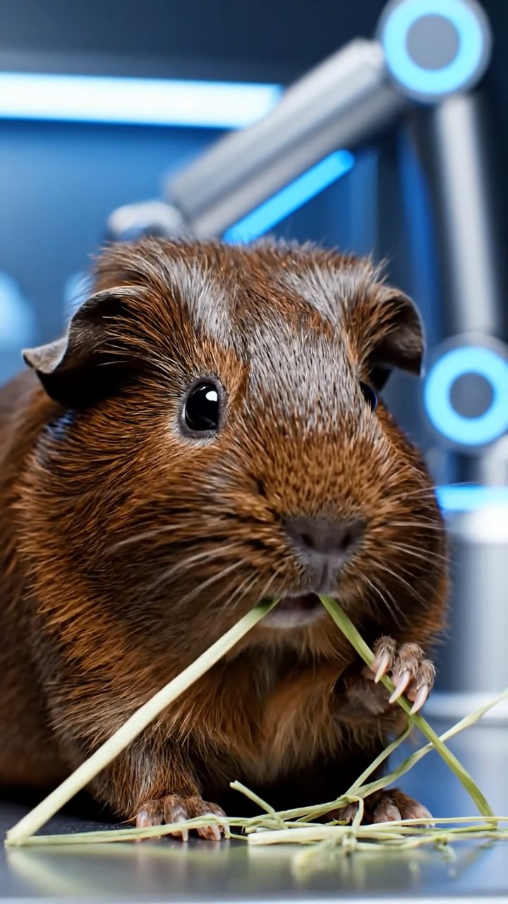 1184. Photorealistic scene of 1 smooth-haired Silkie guinea pig with chocolate fur, eating alfalfa hay, in a cybernetic augmentation clinic with robotic arms.