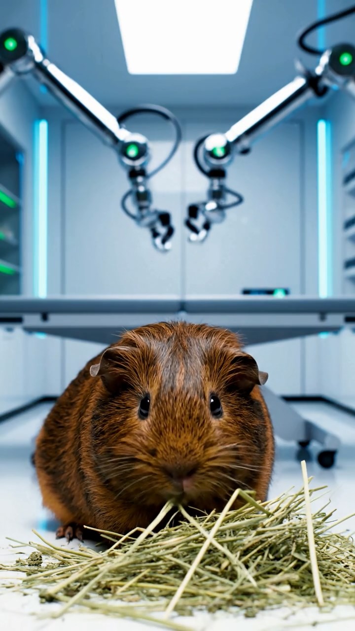 1184. Photorealistic scene of 1 smooth-haired Silkie guinea pig with chocolate fur, eating alfalfa hay, in a cybernetic augmentation clinic with robotic arms.
