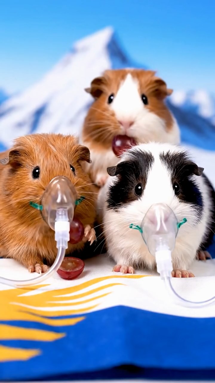 1185. Realistic photo of 4 smooth-haired Teddy guinea pigs in cinnamon, sable, and white colors, nibbling on grape halves, atop a Everest summit flag with oxygen masks.