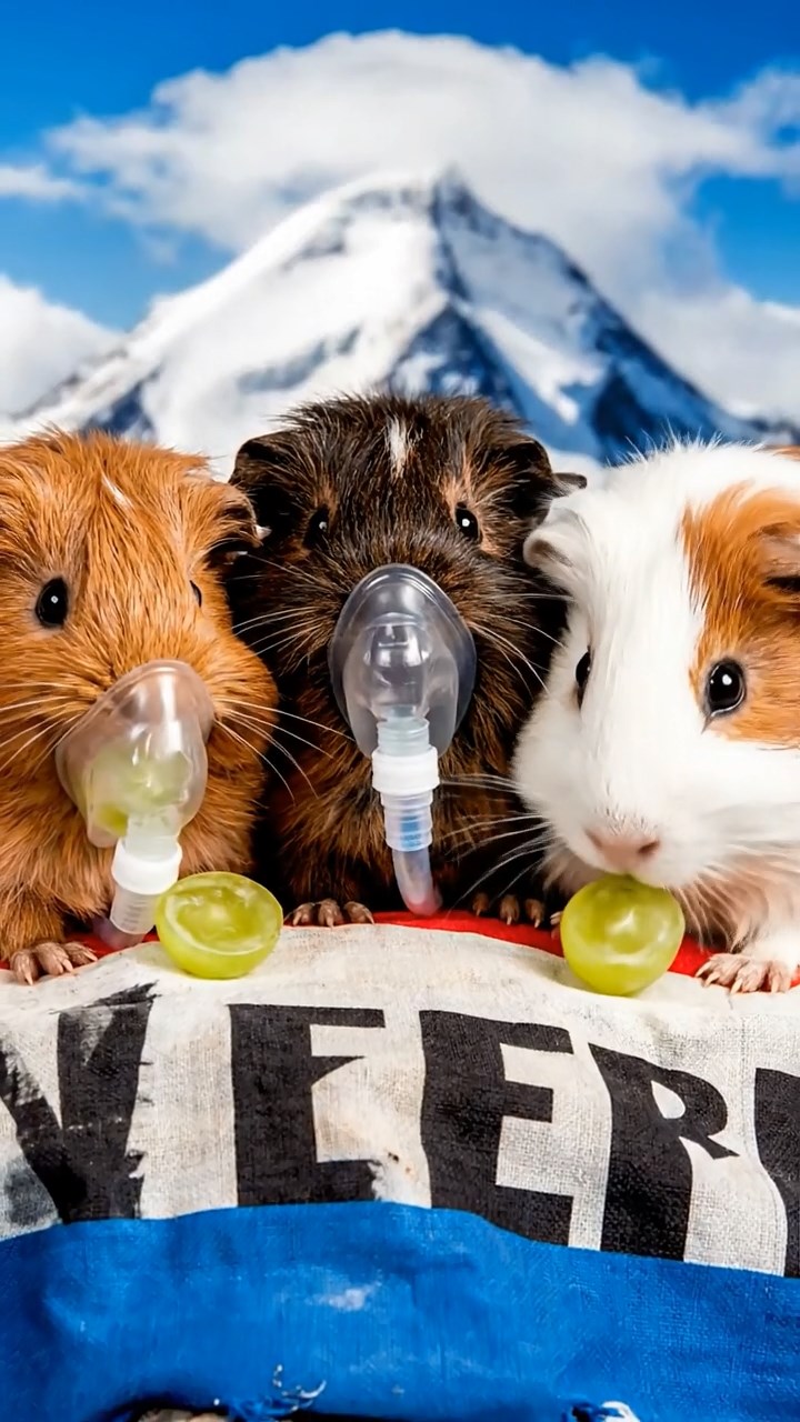 1185. Realistic photo of 4 smooth-haired Teddy guinea pigs in cinnamon, sable, and white colors, nibbling on grape halves, atop a Everest summit flag with oxygen masks.
