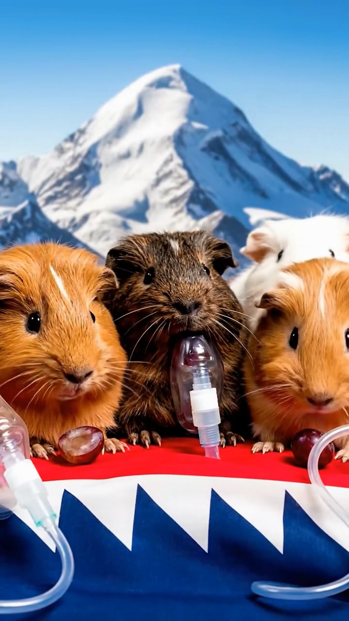 1185. Realistic photo of 4 smooth-haired Teddy guinea pigs in cinnamon, sable, and white colors, nibbling on grape halves, atop a Everest summit flag with oxygen masks.