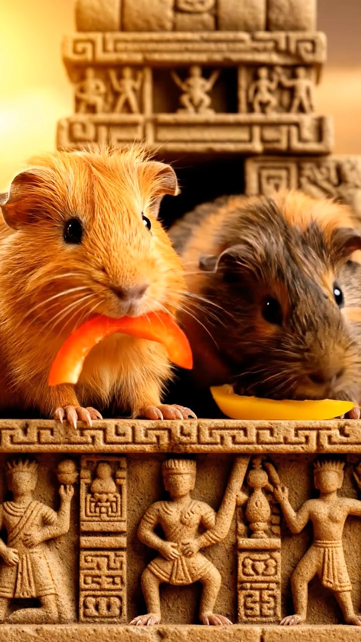 1186. Highly detailed view of 2 smooth-haired Texel guinea pigs with orange and gray fur, chewing on bell pepper strips, in a ancient Aztec temple altar with stone carvings.