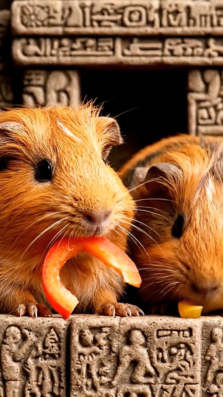 1186. Highly detailed view of 2 smooth-haired Texel guinea pigs with orange and gray fur, chewing on bell pepper strips, in a ancient Aztec temple altar with stone carvings.