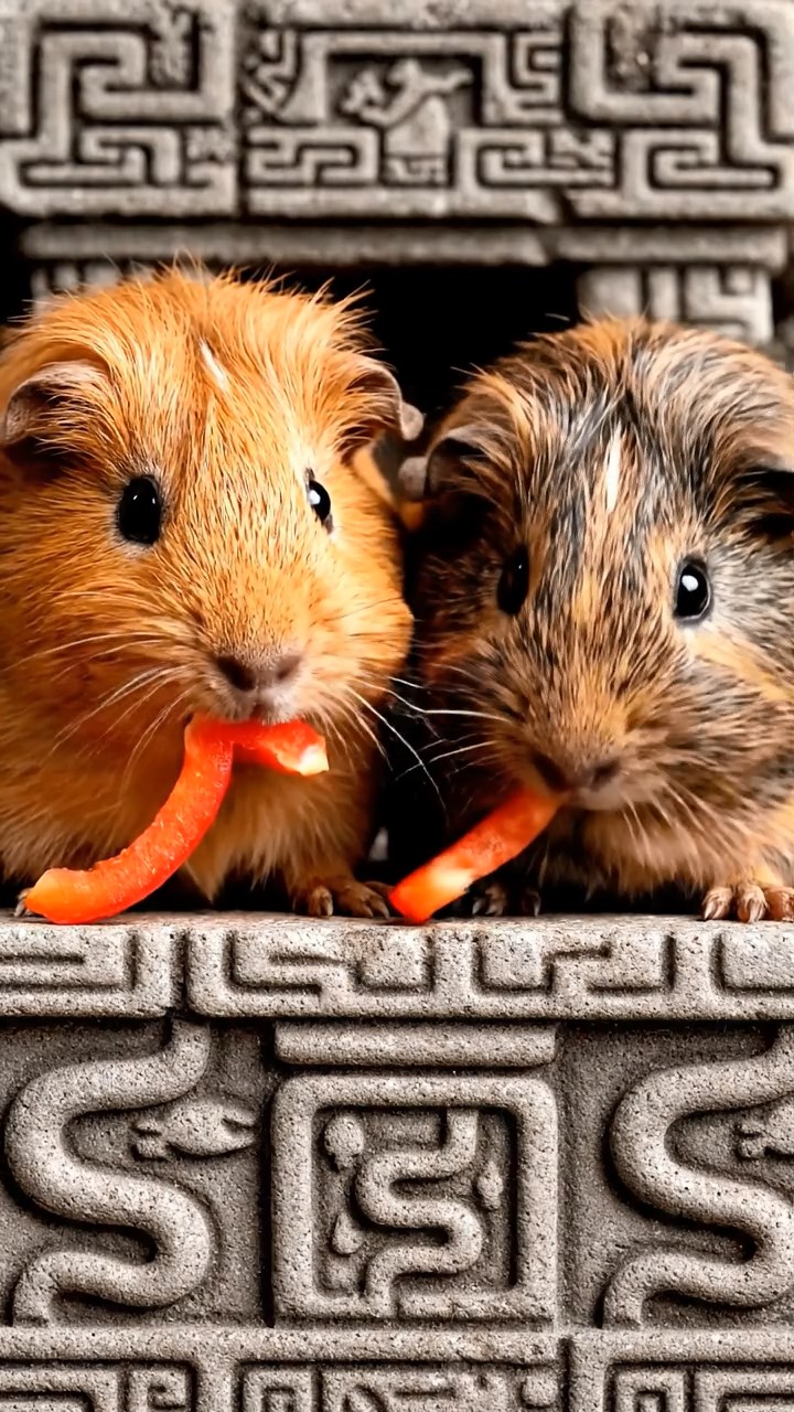 1186. Highly detailed view of 2 smooth-haired Texel guinea pigs with orange and gray fur, chewing on bell pepper strips, in a ancient Aztec temple altar with stone carvings.