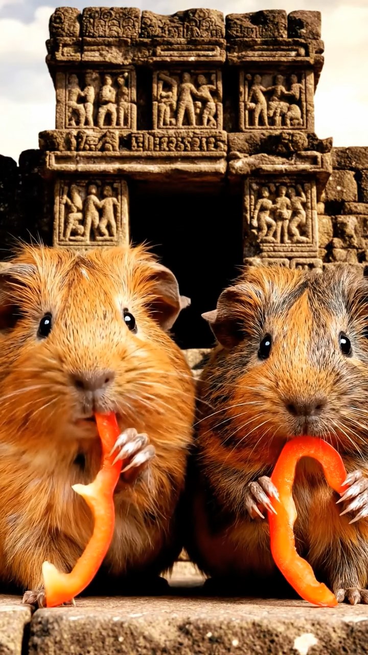 1186. Highly detailed view of 2 smooth-haired Texel guinea pigs with orange and gray fur, chewing on bell pepper strips, in a ancient Aztec temple altar with stone carvings.