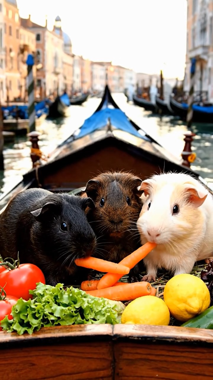 1187. Photorealistic image of 3 smooth-haired Rex guinea pigs featuring black, brown, and cream coats, sharing carrot sticks, on a floating Venice market barge with produce.