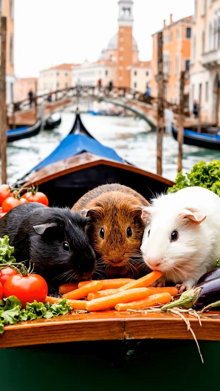 1187. Photorealistic image of 3 smooth-haired Rex guinea pigs featuring black, brown, and cream coats, sharing carrot sticks, on a floating Venice market barge with produce.