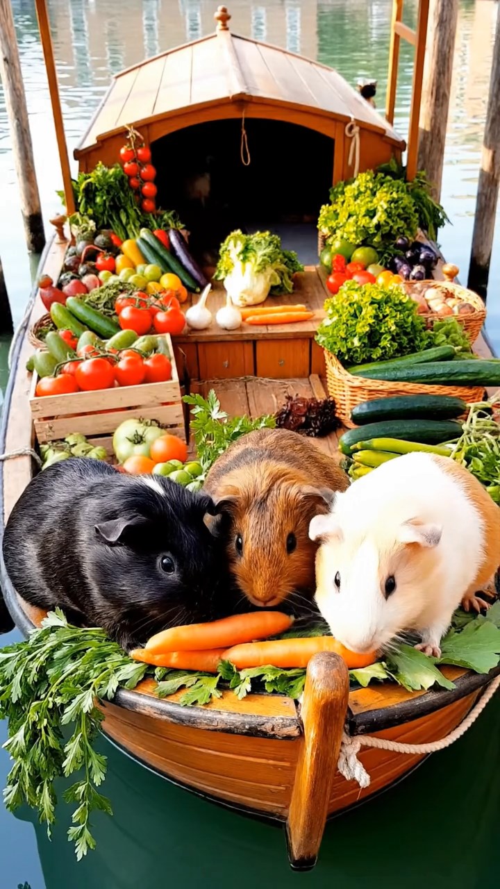 1187. Photorealistic image of 3 smooth-haired Rex guinea pigs featuring black, brown, and cream coats, sharing carrot sticks, on a floating Venice market barge with produce.