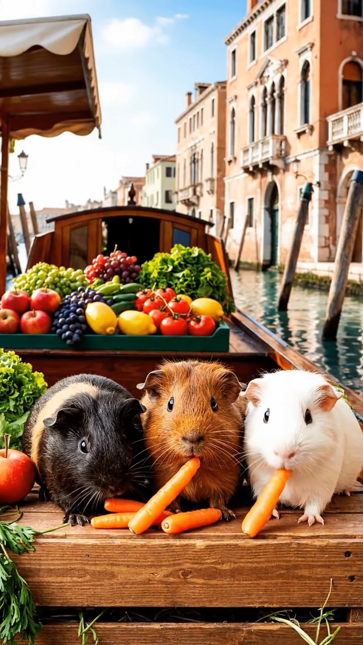 1187. Photorealistic image of 3 smooth-haired Rex guinea pigs featuring black, brown, and cream coats, sharing carrot sticks, on a floating Venice market barge with produce.