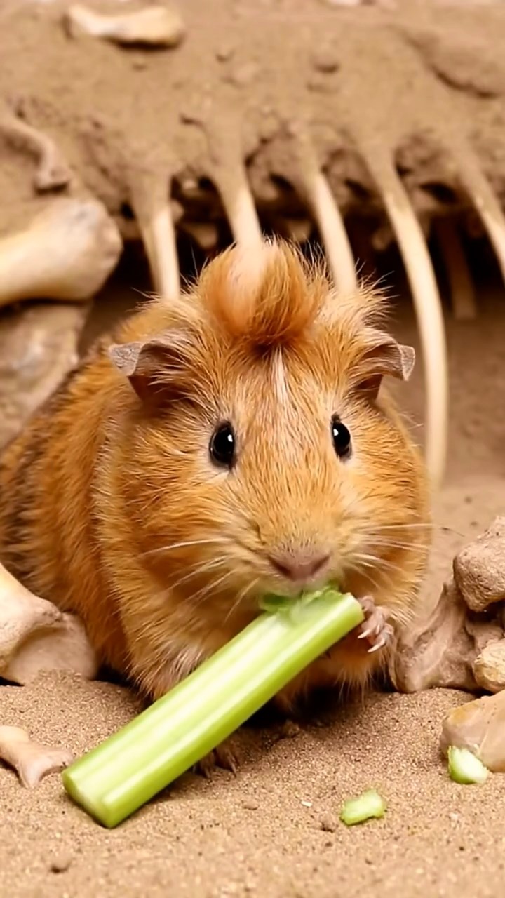 1188. Realistic depiction of 1 smooth-haired Coronet guinea pig with fawn fur, munching on celery ribs, inside a dinosaur fossil dig site with bones emerging.