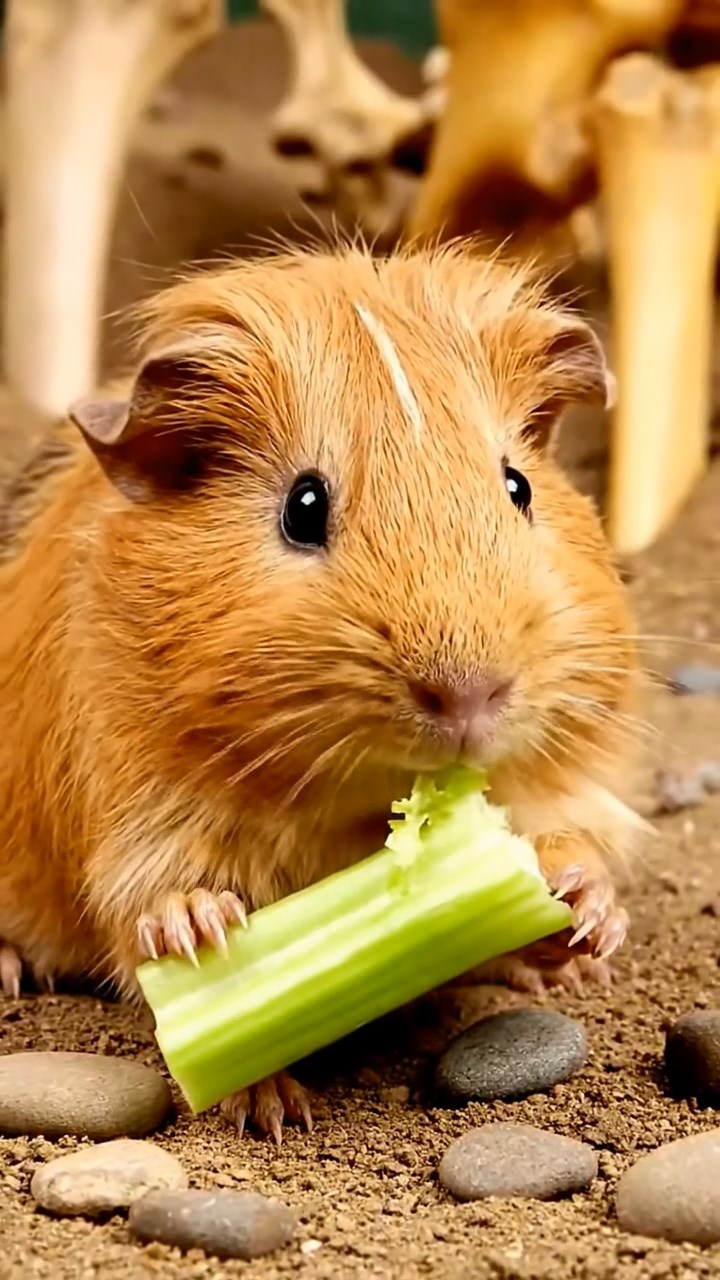 1188. Realistic depiction of 1 smooth-haired Coronet guinea pig with fawn fur, munching on celery ribs, inside a dinosaur fossil dig site with bones emerging.