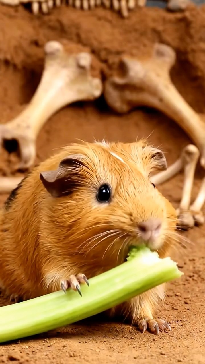 1188. Realistic depiction of 1 smooth-haired Coronet guinea pig with fawn fur, munching on celery ribs, inside a dinosaur fossil dig site with bones emerging.