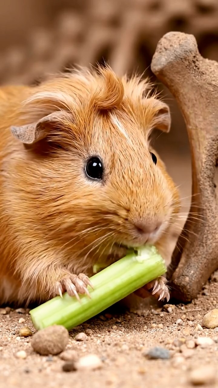 1188. Realistic depiction of 1 smooth-haired Coronet guinea pig with fawn fur, munching on celery ribs, inside a dinosaur fossil dig site with bones emerging.