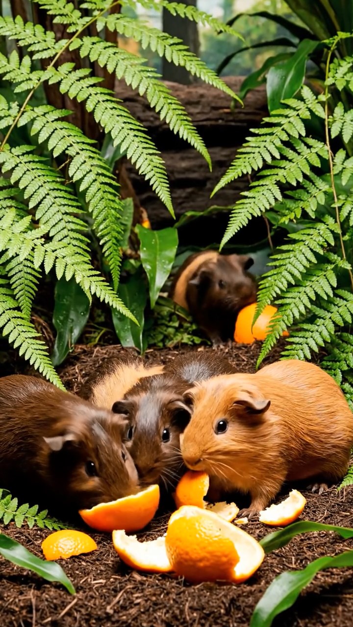 1189. Detailed scene of 5 smooth-haired White Crested guinea pigs with chocolate, cinnamon, and sable fur, eating orange peels, in a lush Jurassic park enclosure with ferns.