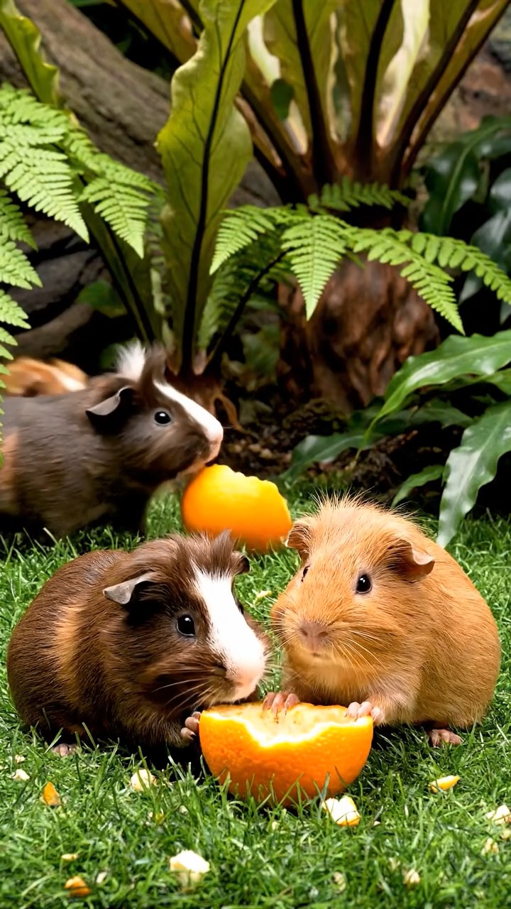 1189. Detailed scene of 5 smooth-haired White Crested guinea pigs with chocolate, cinnamon, and sable fur, eating orange peels, in a lush Jurassic park enclosure with ferns.