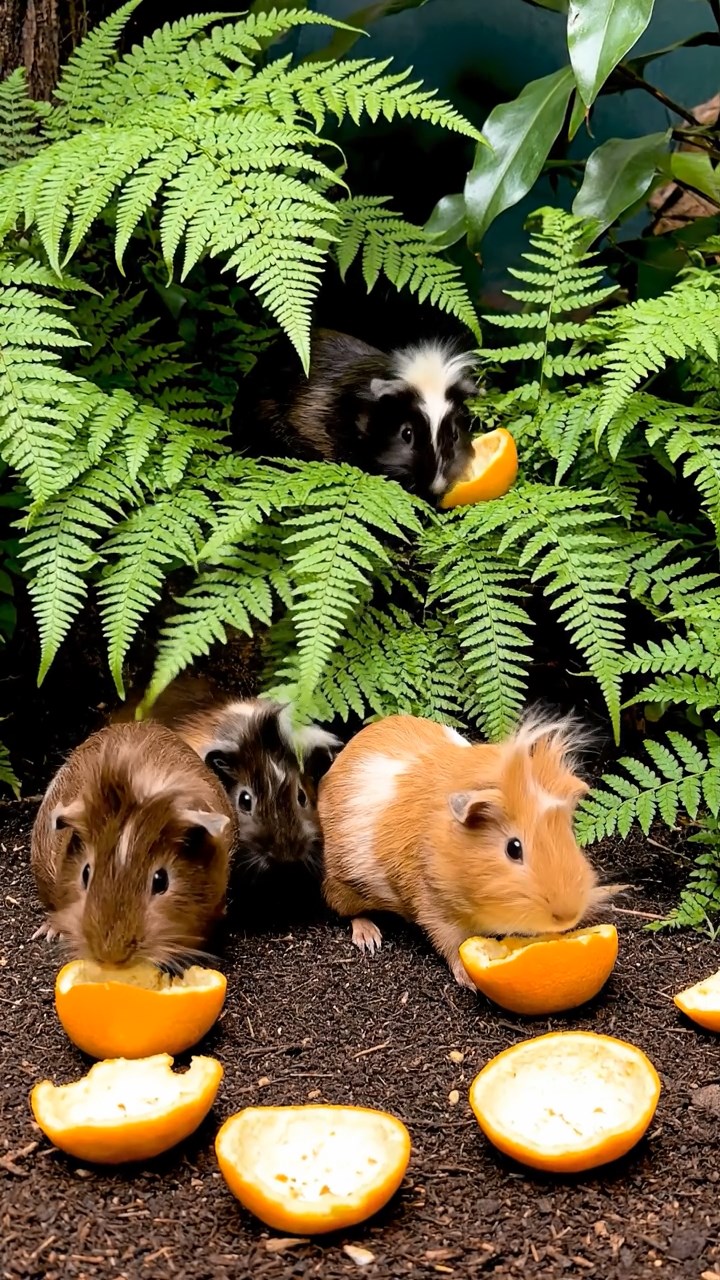 1189. Detailed scene of 5 smooth-haired White Crested guinea pigs with chocolate, cinnamon, and sable fur, eating orange peels, in a lush Jurassic park enclosure with ferns.