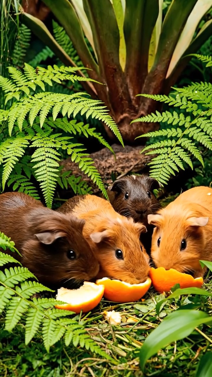 1189. Detailed scene of 5 smooth-haired White Crested guinea pigs with chocolate, cinnamon, and sable fur, eating orange peels, in a lush Jurassic park enclosure with ferns.