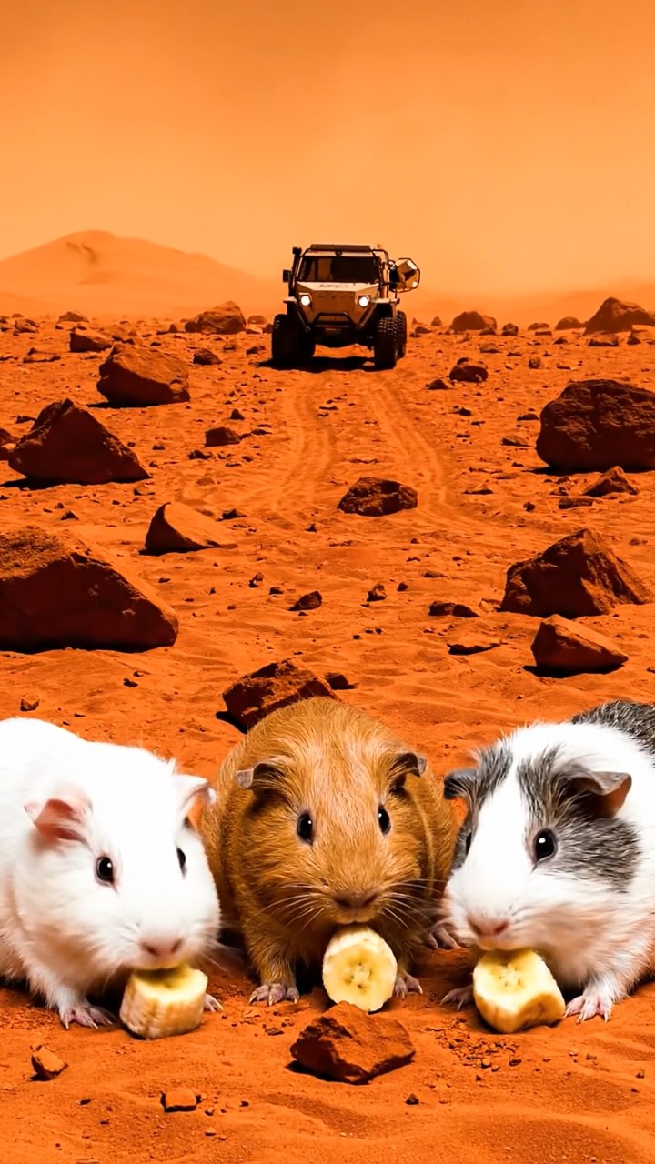 1190. Photorealistic photo of 4 smooth-haired Skinny guinea pigs in white, orange, and gray colors, nibbling on banana chunks, on a Mars rover exploration site with red dust.