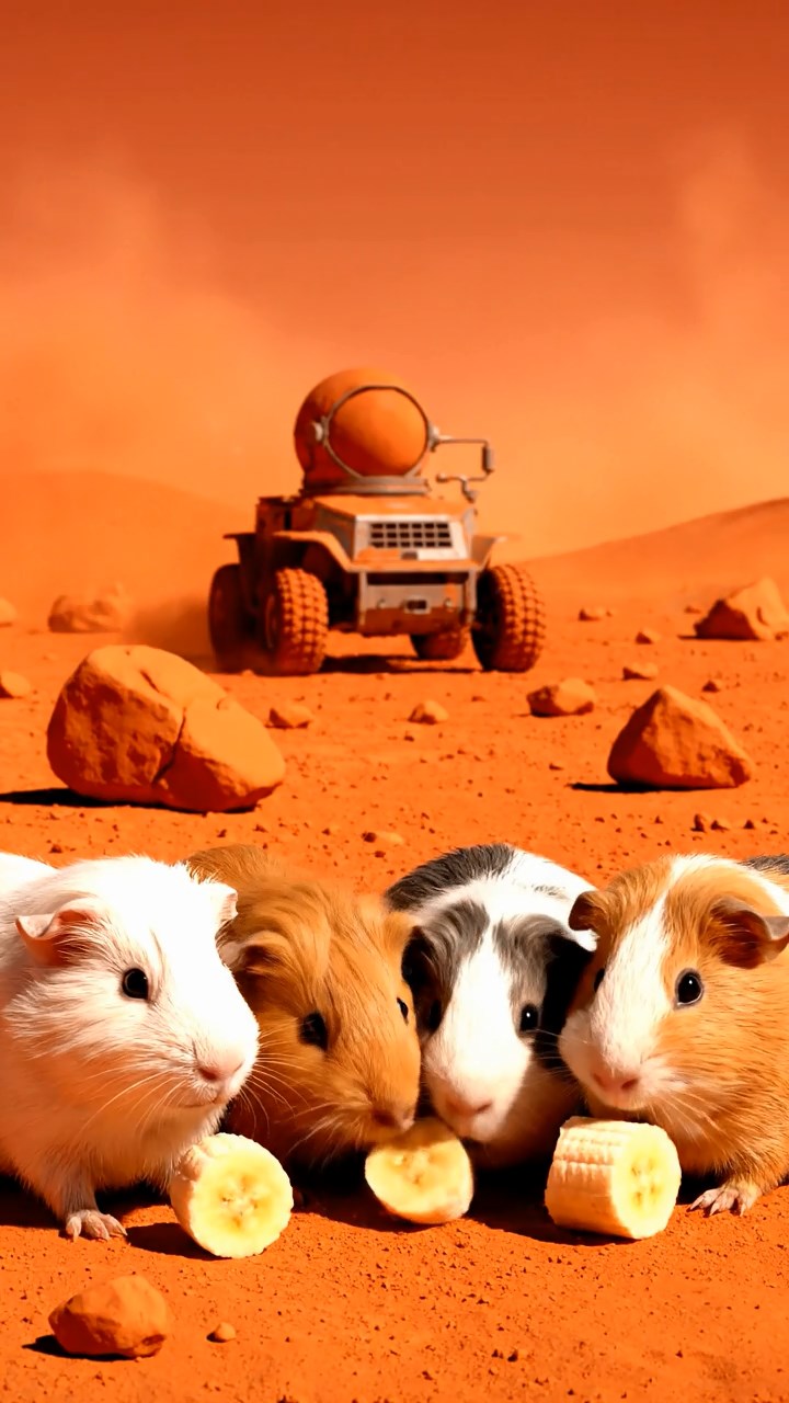 1190. Photorealistic photo of 4 smooth-haired Skinny guinea pigs in white, orange, and gray colors, nibbling on banana chunks, on a Mars rover exploration site with red dust.