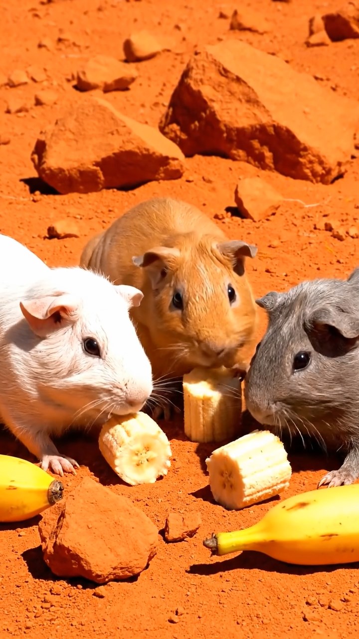 1190. Photorealistic photo of 4 smooth-haired Skinny guinea pigs in white, orange, and gray colors, nibbling on banana chunks, on a Mars rover exploration site with red dust.