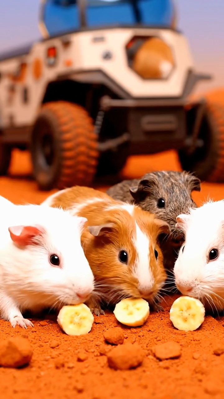 1190. Photorealistic photo of 4 smooth-haired Skinny guinea pigs in white, orange, and gray colors, nibbling on banana chunks, on a Mars rover exploration site with red dust.