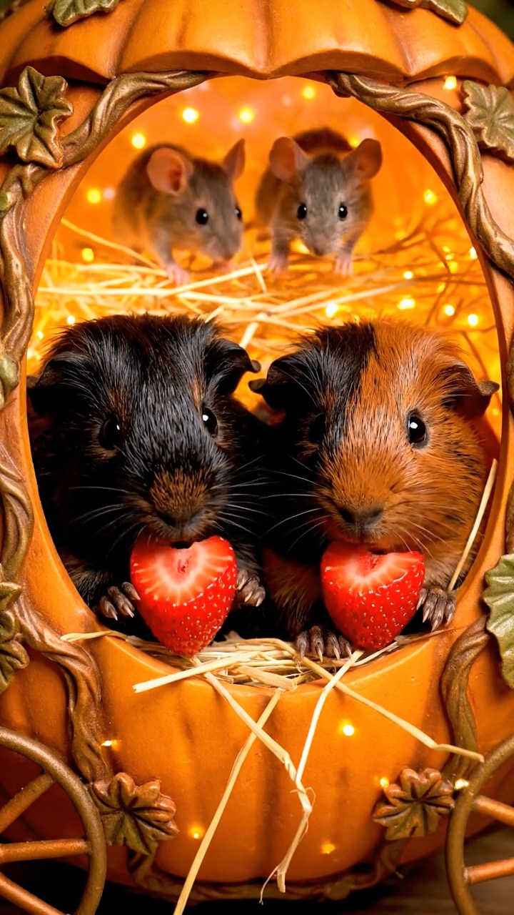 1191. Realistic image of 2 smooth-haired American guinea pigs with black and brown fur, chewing on strawberry slices, inside a fairy godmother's pumpkin carriage with mice.