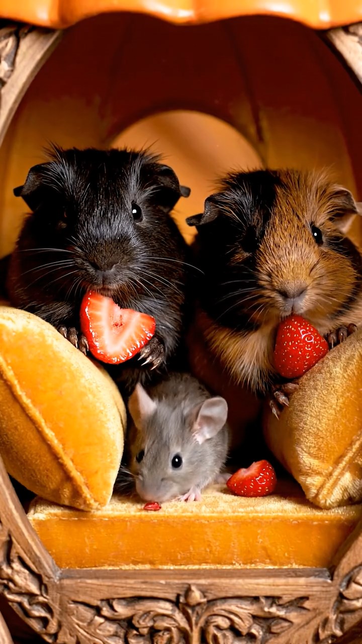 1191. Realistic image of 2 smooth-haired American guinea pigs with black and brown fur, chewing on strawberry slices, inside a fairy godmother's pumpkin carriage with mice.