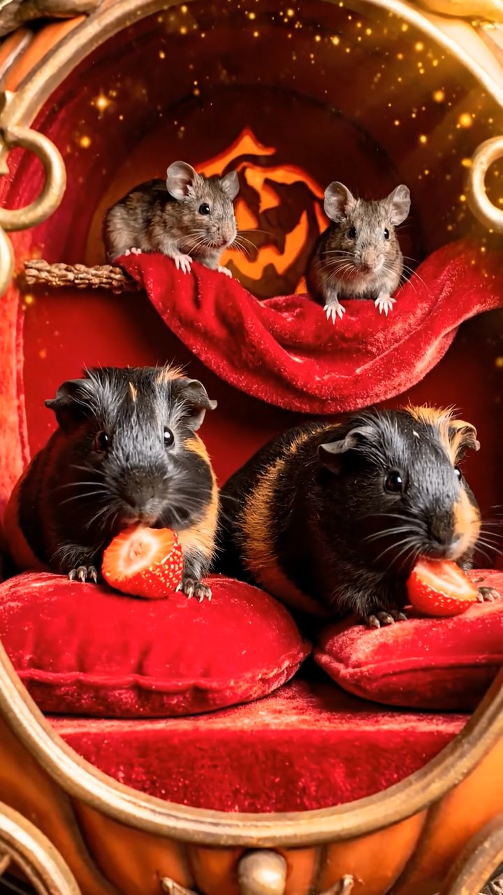 1191. Realistic image of 2 smooth-haired American guinea pigs with black and brown fur, chewing on strawberry slices, inside a fairy godmother's pumpkin carriage with mice.