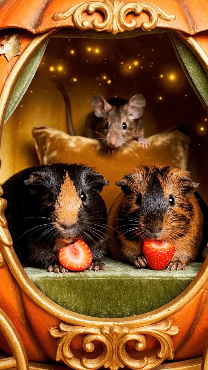 1191. Realistic image of 2 smooth-haired American guinea pigs with black and brown fur, chewing on strawberry slices, inside a fairy godmother's pumpkin carriage with mice.