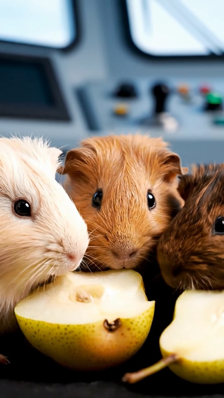1192. Highly detailed view of 3 smooth-haired Abyssinian guinea pigs featuring cream, fawn, and chocolate coats, sharing pear halves, on a Antarctic icebreaker ship bridge.
