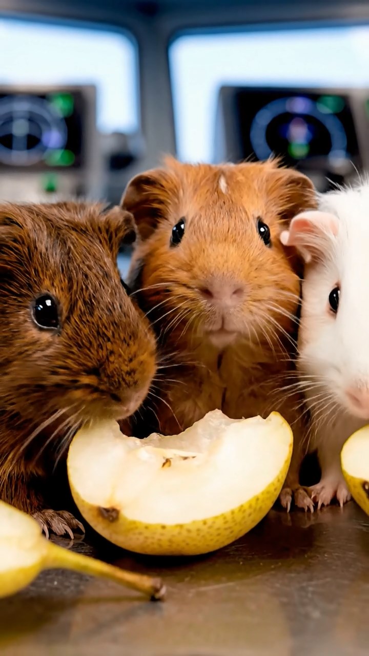1192. Highly detailed view of 3 smooth-haired Abyssinian guinea pigs featuring cream, fawn, and chocolate coats, sharing pear halves, on a Antarctic icebreaker ship bridge.