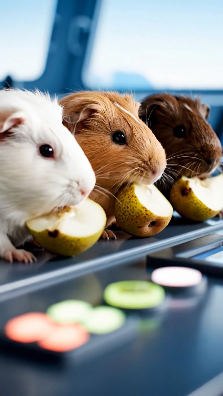 1192. Highly detailed view of 3 smooth-haired Abyssinian guinea pigs featuring cream, fawn, and chocolate coats, sharing pear halves, on a Antarctic icebreaker ship bridge.