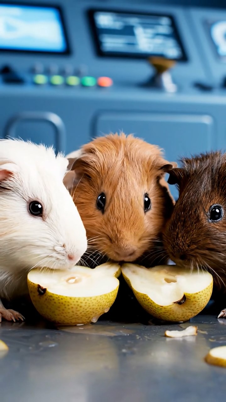 1192. Highly detailed view of 3 smooth-haired Abyssinian guinea pigs featuring cream, fawn, and chocolate coats, sharing pear halves, on a Antarctic icebreaker ship bridge.